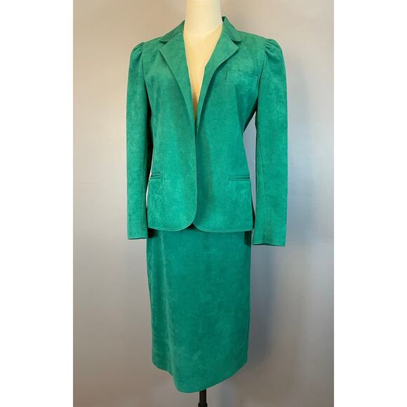 Vtg 1980s Jewel Tone Green Ultra Suede Skirt Set Suit Adolph Schuman Lilli Ann - Picture 1 of 10